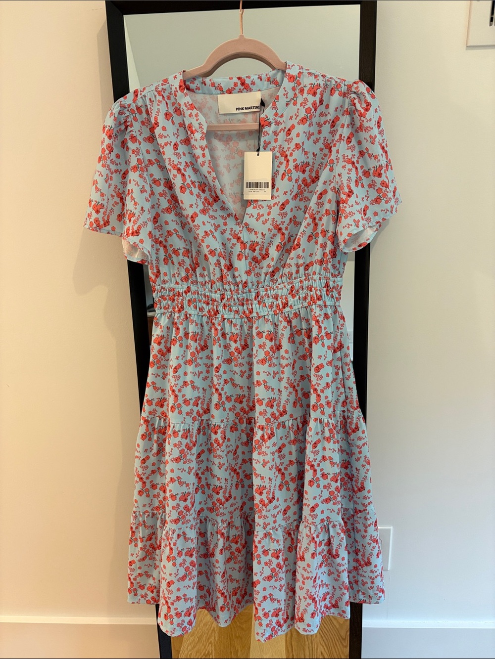 Pink Martini Sky Blue Midi Dress with Red Floral Pattern